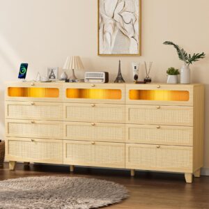 Yeyawomy Rattan Dresser for Bedroom with 12 Drawer, Wooden Tall Bedroom Long Dresser, Chest of Drawers with Metal Handle & Solid Wood Legs for Bedroom/Living Room,Nature