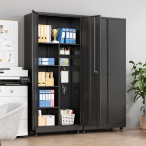 Metal Garage Storage Cabinet with Wheels,Rolling Tool Storage Cabinet with Lock,Steel Locking Cabinet with Locking Doors and Adjustable Shelves,Tall Storage Cabinet for Office Home,Garage,Shop-Black