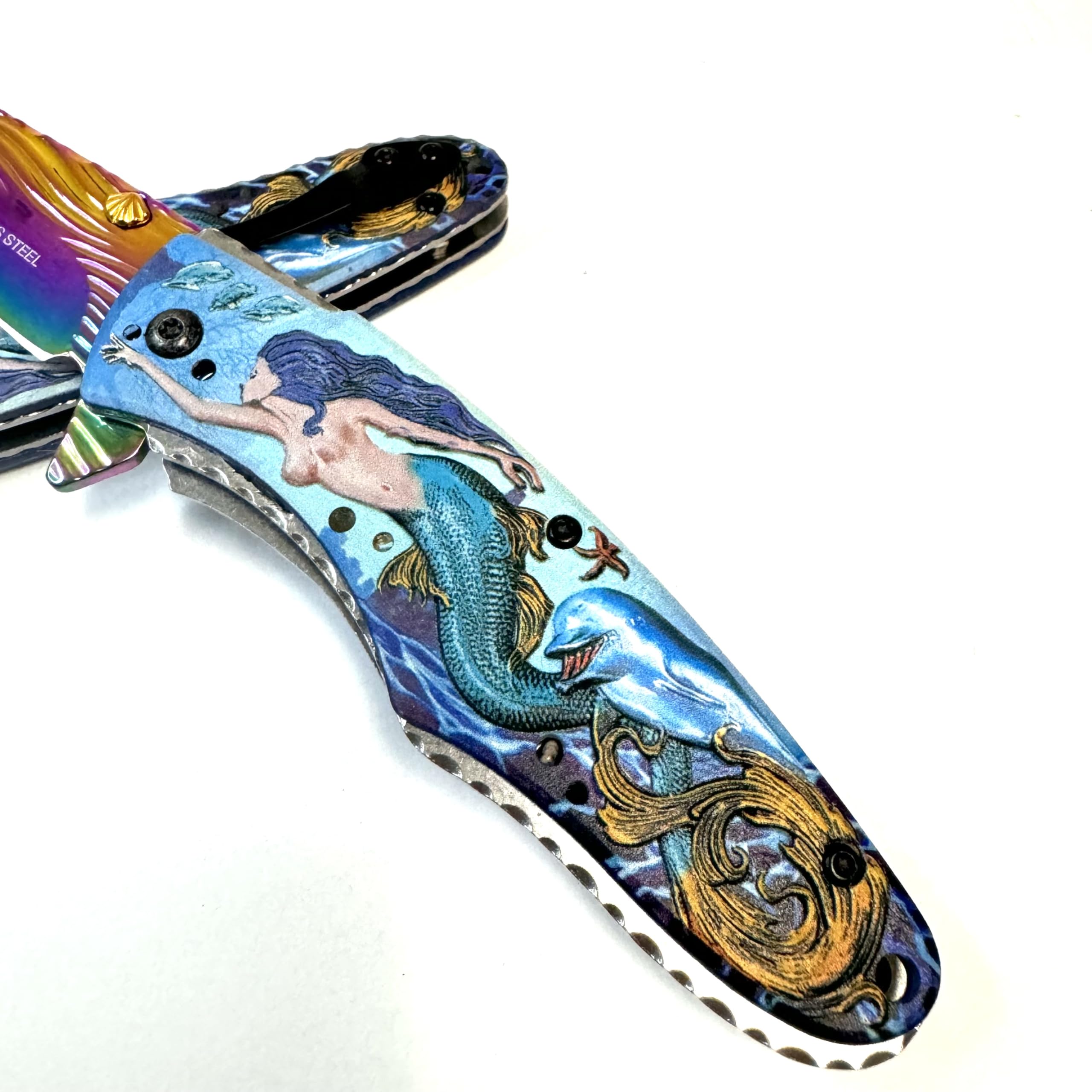 Mermaid dolphins rainbow folding pocket knife 8" over all. Christmas gift collection GLM048 RB