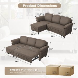 Shahoo Sofa Bed L-Shaped Sectional Couches,Convertible Couch, Sleeper with Pull Out Beds,Storage Chaise,for Living Room,Apartment(Cotton Brown)