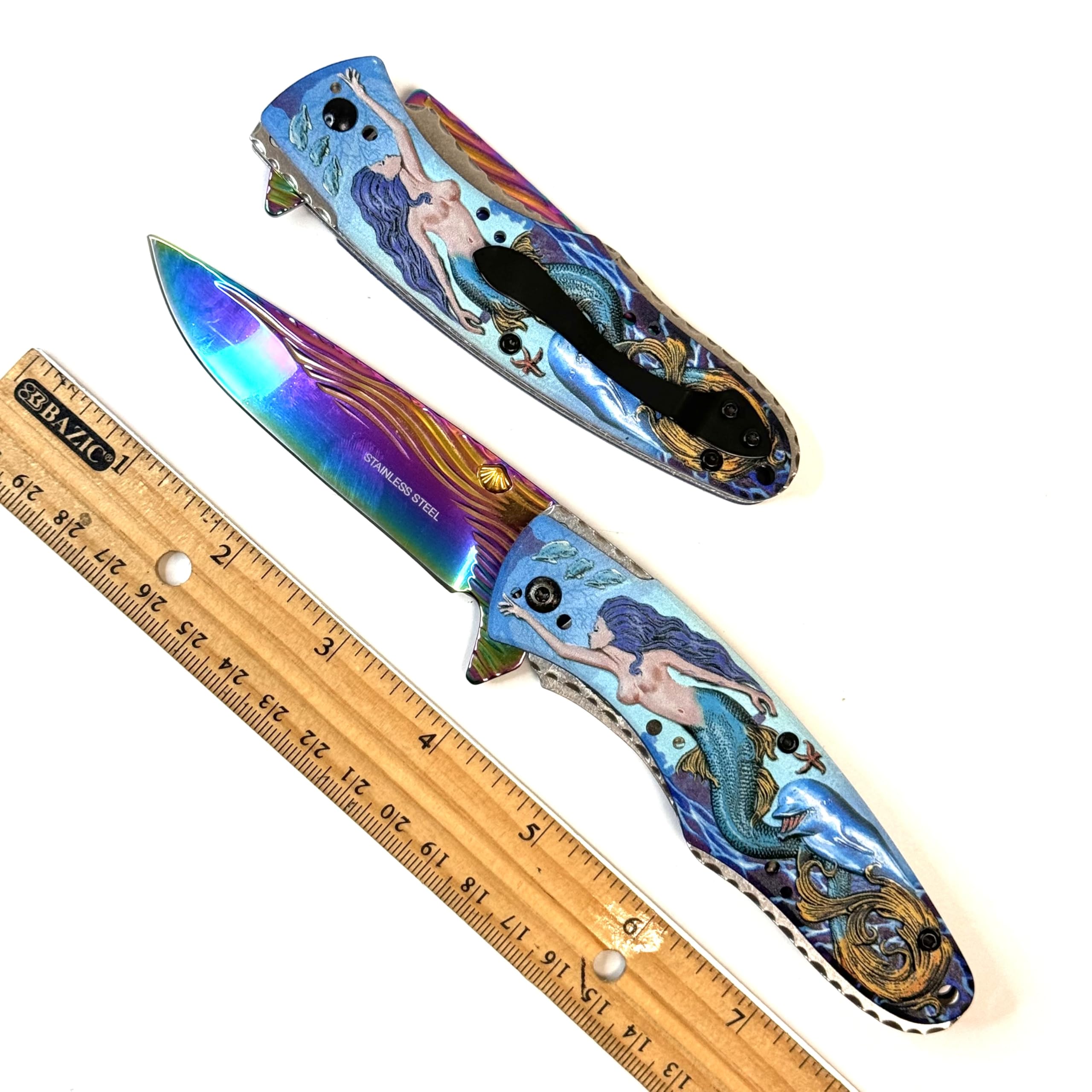 Mermaid dolphins rainbow folding pocket knife 8" over all. Christmas gift collection GLM048 RB