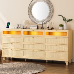 yeyawomy rattan dresser for bedroom with 12 drawer, wooden tall bedroom long dresser, chest of drawers with metal handle & solid wood legs for bedroom/living room,nature