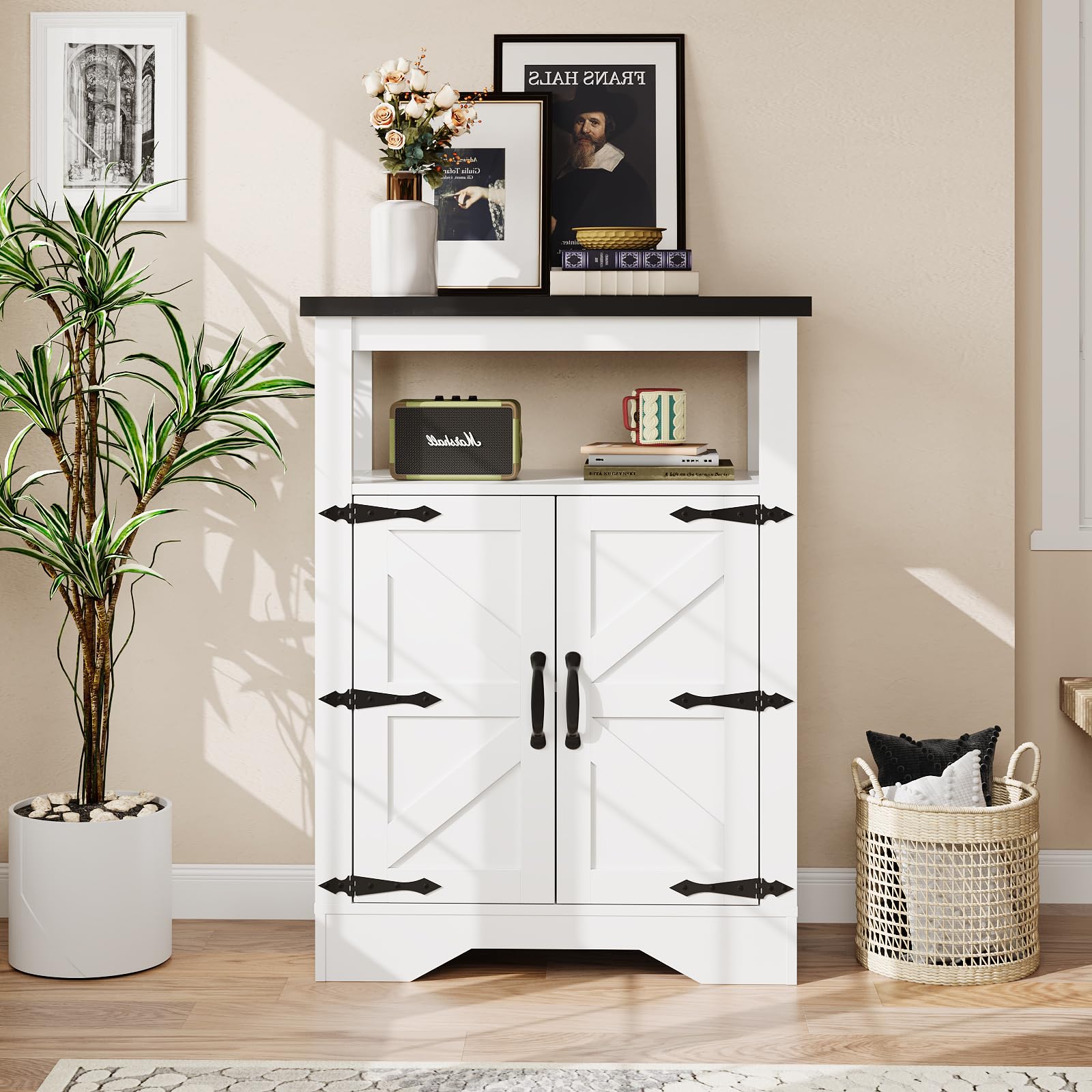 Maupvit White Farmhouse Storage Cabinet, Freestanding Bathroom Sideboard Buffet Cabinet with Doors & Open Storage, Floor Kitchen Pantry Cabinet Storage Organizer Cupboard for Living Room, Dining Room