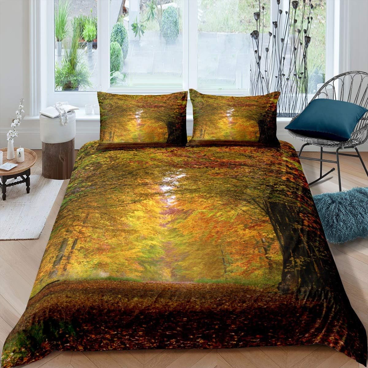 Autumn California King Duvet Cover Fall Tree View Bedding Set Soft Microfiber Comforter Cover with Zipper Closure, 3D Print Quilt Cover 104x98 Inches with 2 Pillow Shams 8496a