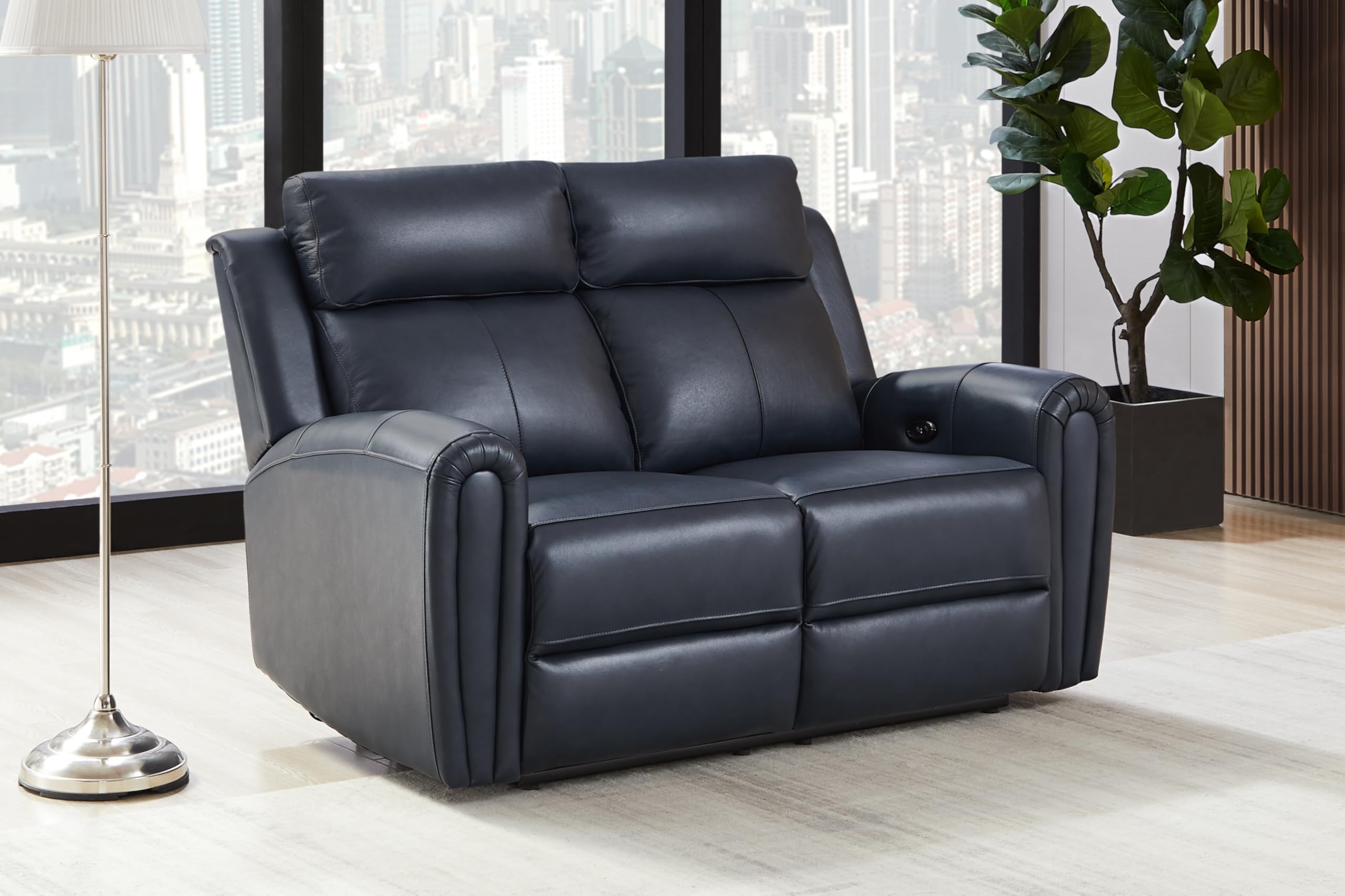 THSUPER Power Genuine Leather Reclining Loveseat, Modern Real Leather Double Recliner Loveseat, Top Grain Leather Recliner with USB Port and Ergonomic High Backrest, Blue