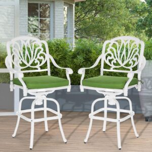 MEETWARM 2 Piece Outdoor Patio Swivel Bar Stools, All-Weather Cast Aluminum Bar Height Bistro Chairs, Outdoor Furniture Bar Dining Chair Set with Cushions for Garden Deck Backyard, White