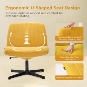 Nouhaus Linechair Criss Cross Chair, Armless Cross Legged Office Chair No Wheels, Adjustable Wide Seat Swivel Vanity Chair Computer Task Chair (Yellow)