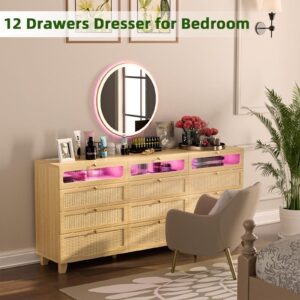 Yeyawomy Rattan Dresser for Bedroom with 12 Drawer, Wooden Tall Bedroom Long Dresser, Chest of Drawers with Metal Handle & Solid Wood Legs for Bedroom/Living Room,Nature