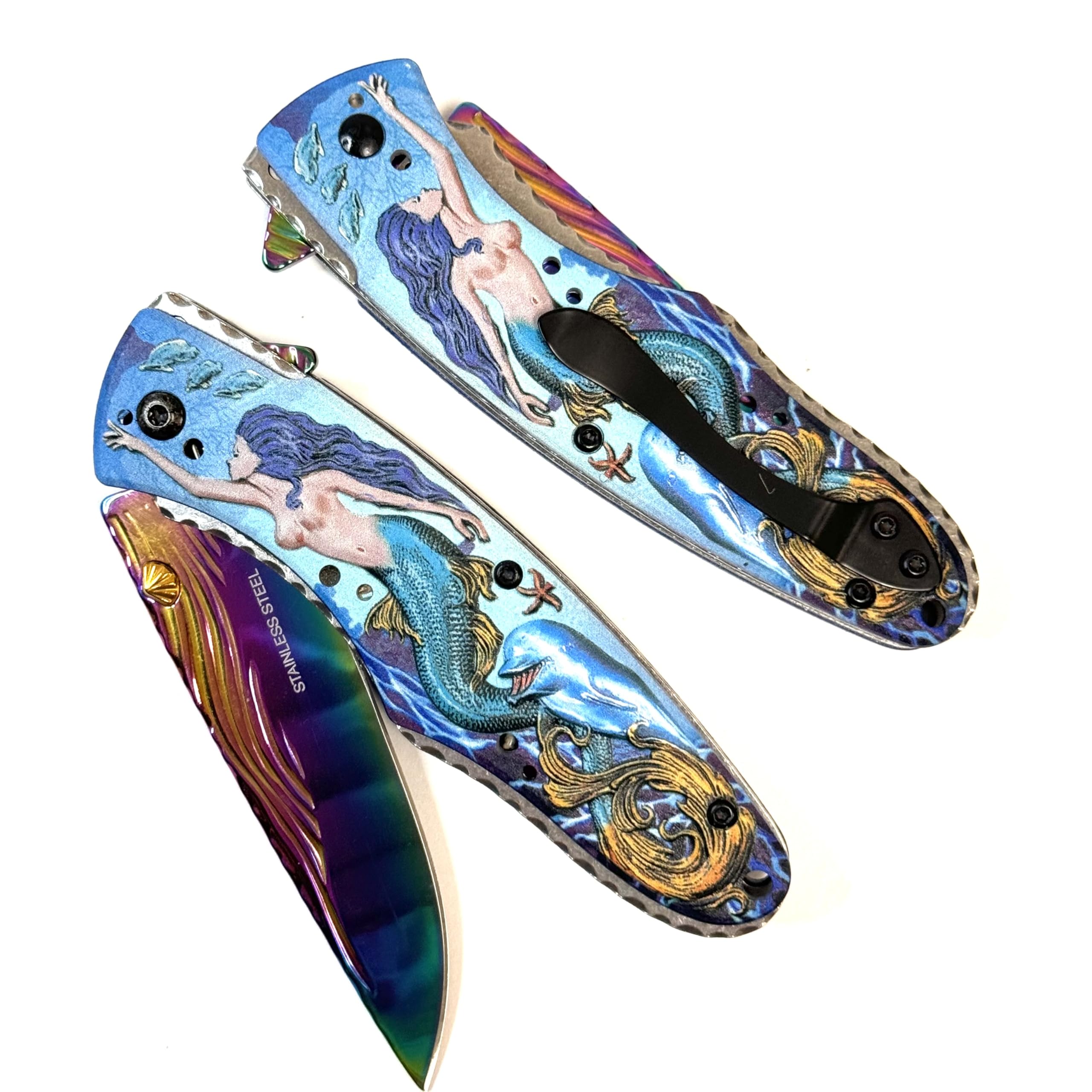 Mermaid dolphins rainbow folding pocket knife 8" over all. Christmas gift collection GLM048 RB