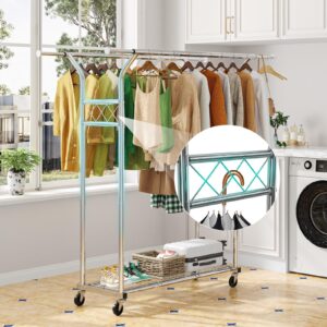 Simple Trending Heavy Duty Double Rod Clothes Rack Load 400 LBS, Metal Commercial Garment Rack, Standing Rolling Clothing Rack for Hanging Clothes with Sturdy Wheels & Shelves, Chrome