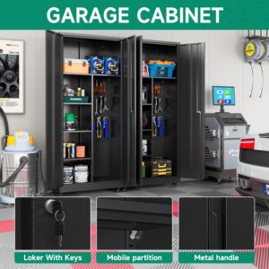 Metal Garage Storage Cabinet with Wheels,Rolling Tool Storage Cabinet with Lock,Steel Locking Cabinet with Locking Doors and Adjustable Shelves,Tall Storage Cabinet for Office Home,Garage,Shop-Black