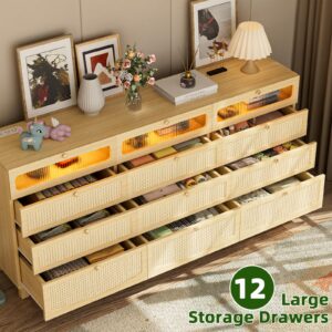 Yeyawomy Rattan Dresser for Bedroom with 12 Drawer, Wooden Tall Bedroom Long Dresser, Chest of Drawers with Metal Handle & Solid Wood Legs for Bedroom/Living Room,Nature