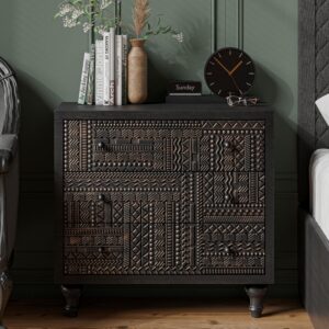 cozayh 3 drawer farmhouse dresser with geometric carved pattern, vintage accent wood storage chest nightstand for living room, bedroom, boho, mid-century modern, black, fully assembled