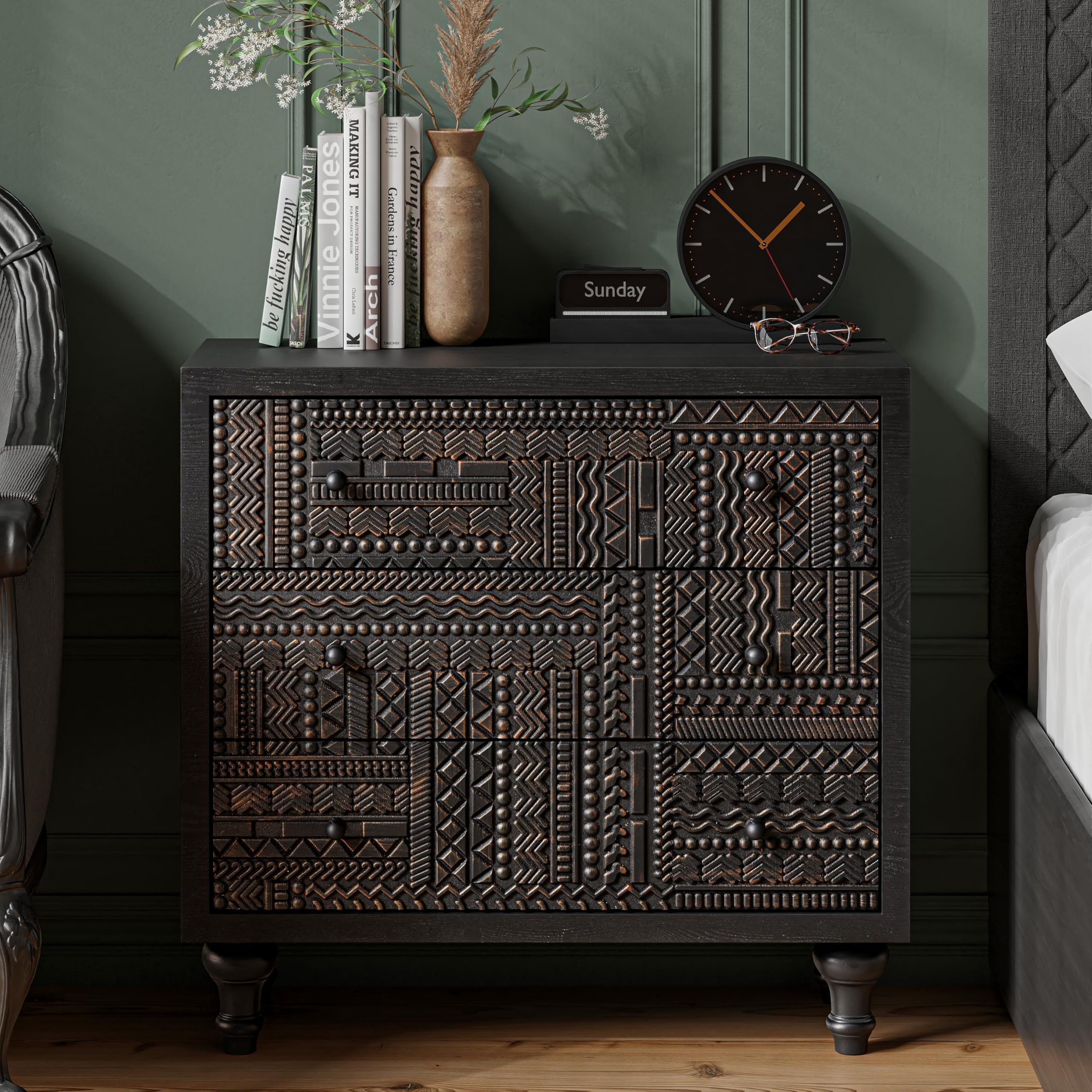 COZAYH 3 Drawer Farmhouse Dresser with Geometric Carved Pattern, Vintage Accent Wood Storage Chest Nightstand for Living Room, Bedroom, Boho, Mid-Century Modern, Black, Fully Assembled