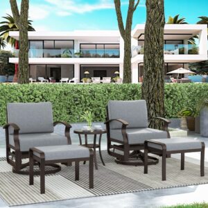 gotland 5 piece patio outdoor aluminum metal swivel rocking chair with 2 footstools, 1 coffee table and 2 grey padded cushions outdoor metal swivel rocking chair furniture conversation set for garden