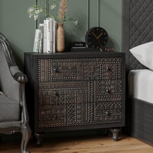 COZAYH 3 Drawer Farmhouse Dresser with Geometric Carved Pattern, Vintage Accent Wood Storage Chest Nightstand for Living Room, Bedroom, Boho, Mid-Century Modern, Black, Fully Assembled