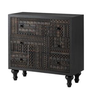 COZAYH 3 Drawer Farmhouse Dresser with Geometric Carved Pattern, Vintage Accent Wood Storage Chest Nightstand for Living Room, Bedroom, Boho, Mid-Century Modern, Black, Fully Assembled