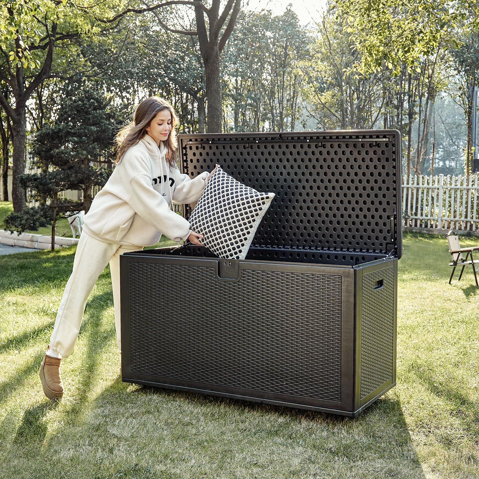 TerraSafe Large Deck Boxes,150 Gallon Resin Storage Boxes for Outdoor Cusion,waterproof,lockable Black,Garden Tools