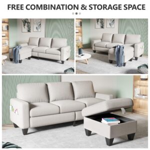 Convertible Sectional Sofa Couch, 78 inch Beige Couches for Living Room, Sectional Couch with Reversible Storage Ottoman, 3-Seat L-Shaped Couch for Living Room, Apartment, Office, Small Space