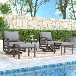 Gotland 5 Piece Patio Outdoor Aluminum Metal Swivel Rocking Chair with 2 Footstools, 1 Coffee Table and 2 Grey Padded Cushions Outdoor Metal Swivel Rocking Chair Furniture Conversation Set for Garden