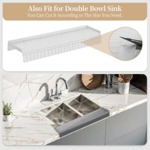 Sink Protector Expandable Silicone Mat, Prevent Cracking Scratching, 5 Degree Tilt Angle, Strong Compatibility, Trimmable Design for Double Basin Sink, Bathtub (White)