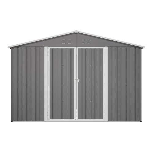 YOPTO 10×10 FT Outdoor Storage Shed,Metal Aluminum Waterproof Tool Sheds with Foundation,Doors & Vents,Heavy-Duty Sheds Unit W/Lock & Key,for Storing Bicycles,Lawnmowers,Barbeques,Gray