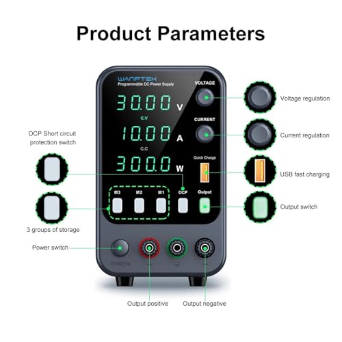 Adjustable DC Power Supply with 4-Digit LED Display; 5V/3.6A USB Fast Charging with 3-Group Memory with Encoder Adjustment(APS1602H 160V 2A)