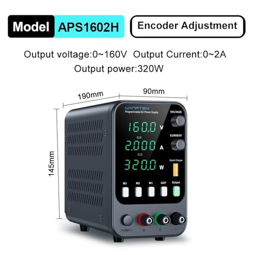 Adjustable DC Power Supply with 4-Digit LED Display; 5V/3.6A USB Fast Charging with 3-Group Memory with Encoder Adjustment(APS1602H 160V 2A)