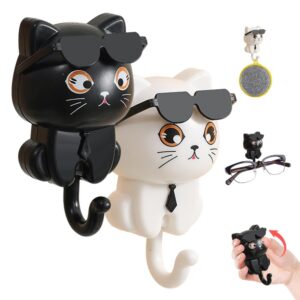 cute cat key hook, cartoon cat creative gravity hook with sunglasses, adhesive coat hooks for wall decorative, wall mounted hook for hanging bag, scarf, hat (black+white)