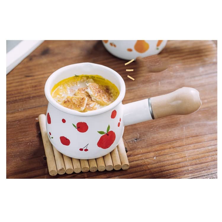 Enamel Coffee Milk Pot Wood Handle Pan Cookware Breakfast Oatmeal Cooking Gas Stove Induction Pan