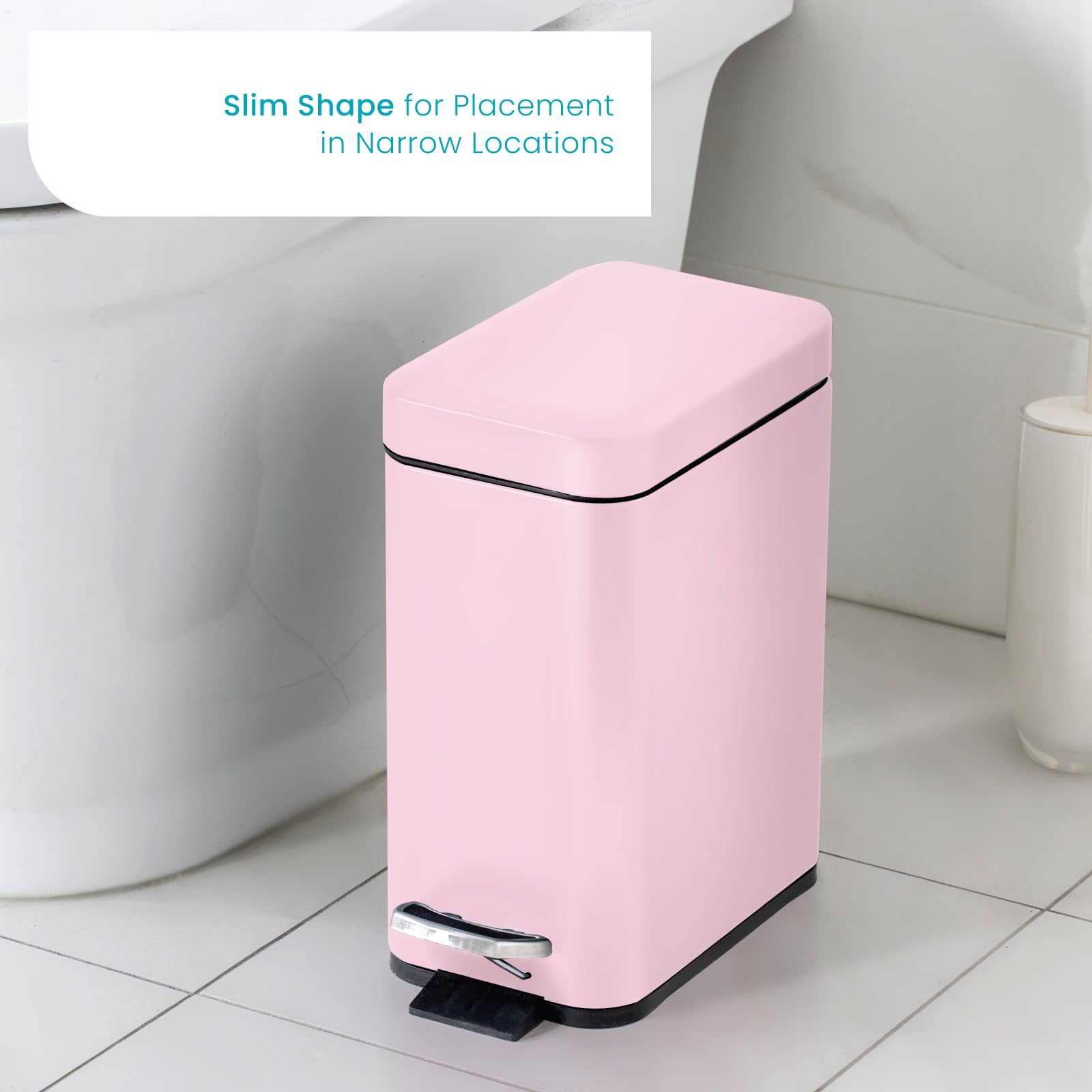 Home Zone Living 1.3 Gallon Bathroom Trash Can with a Lid, Stainless Steel Wastebasket with Slim Shape and Step Pedal for Home and Office, 5 Liter Capacity, Pink