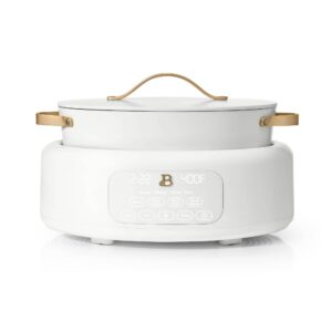 10-in-1 6qt electric multi-cooker by drew barrymore, 7 functions, touch-activated display, oven-safe pot & lid, stainless steel handles (white icing)