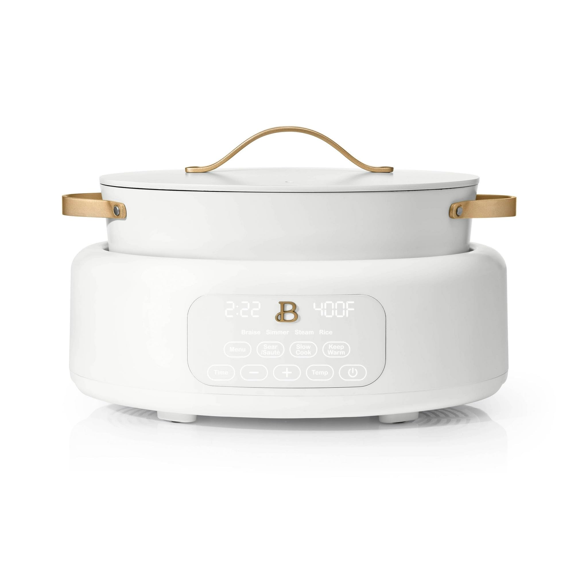 10-in-1 6qt Electric Multi-Cooker by Drew Barrymore, 7 Functions, Touch-Activated Display, Oven-Safe Pot & Lid, Stainless Steel Handles (White Icing)