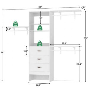 Girapow Closet System with 3 Wooden Drawers, 8 FT Closet Organizer System with Cutable Storage Shelves, Wall-mounted Closet System with 3 Adjustable Hanging Rods for Walk in Closet