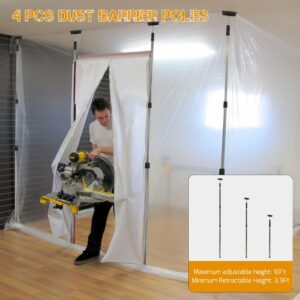 4 Pack Stainless Steel Zipper Walls Poles Kit, 10FT Retractable Efficient Construction Temporary Dust Containment Barrier System