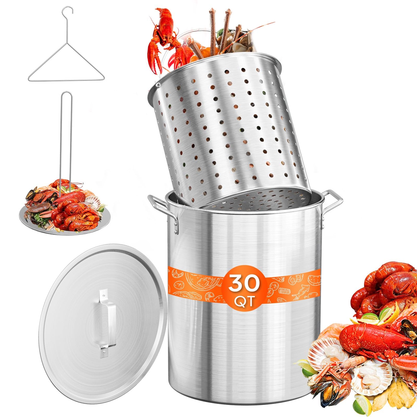 ROVSUN 30QT Turkey Fryer Pot & Seafood Boil Pot with Strainer Basket, Lid, Hook & Steamer, Aluminum Stock Pot for Turkey Frying & Crab, Lobster, Shrimp Boiling for Outdoor Cooking & Gatherings