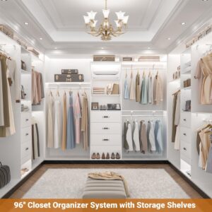 Girapow Closet System with 3 Wooden Drawers, 8 FT Closet Organizer System with Cutable Storage Shelves, Wall-mounted Closet System with 3 Adjustable Hanging Rods for Walk in Closet