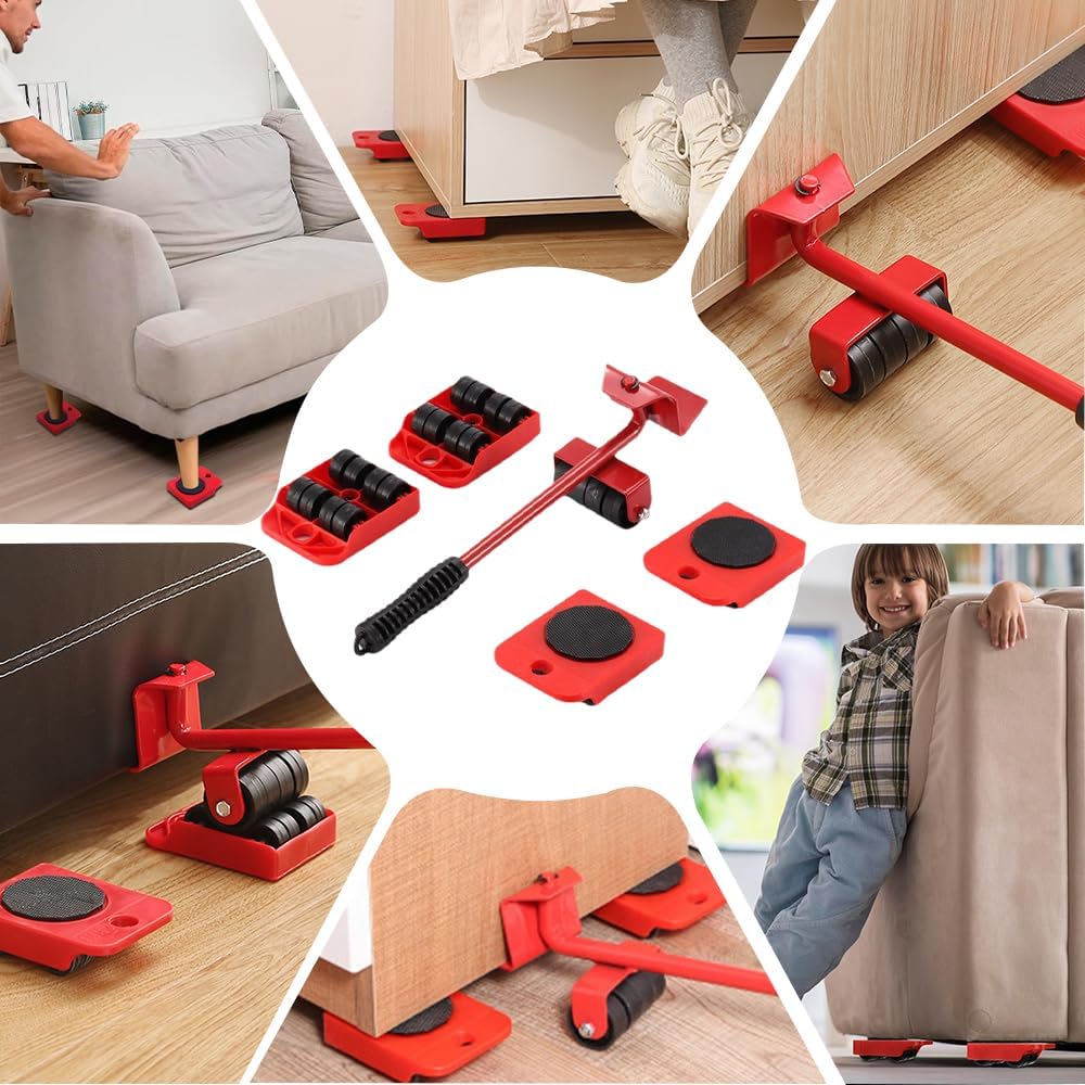 Furniture Lift Mover Tool Set, Furniture Movers with Adjustable Height Lifting Tool Lever & 4 Wheels, Furniture Lifter Moving Sliders for Moving Heavy Furniture, Refrigerator, Sofa, Cabinet (Red)