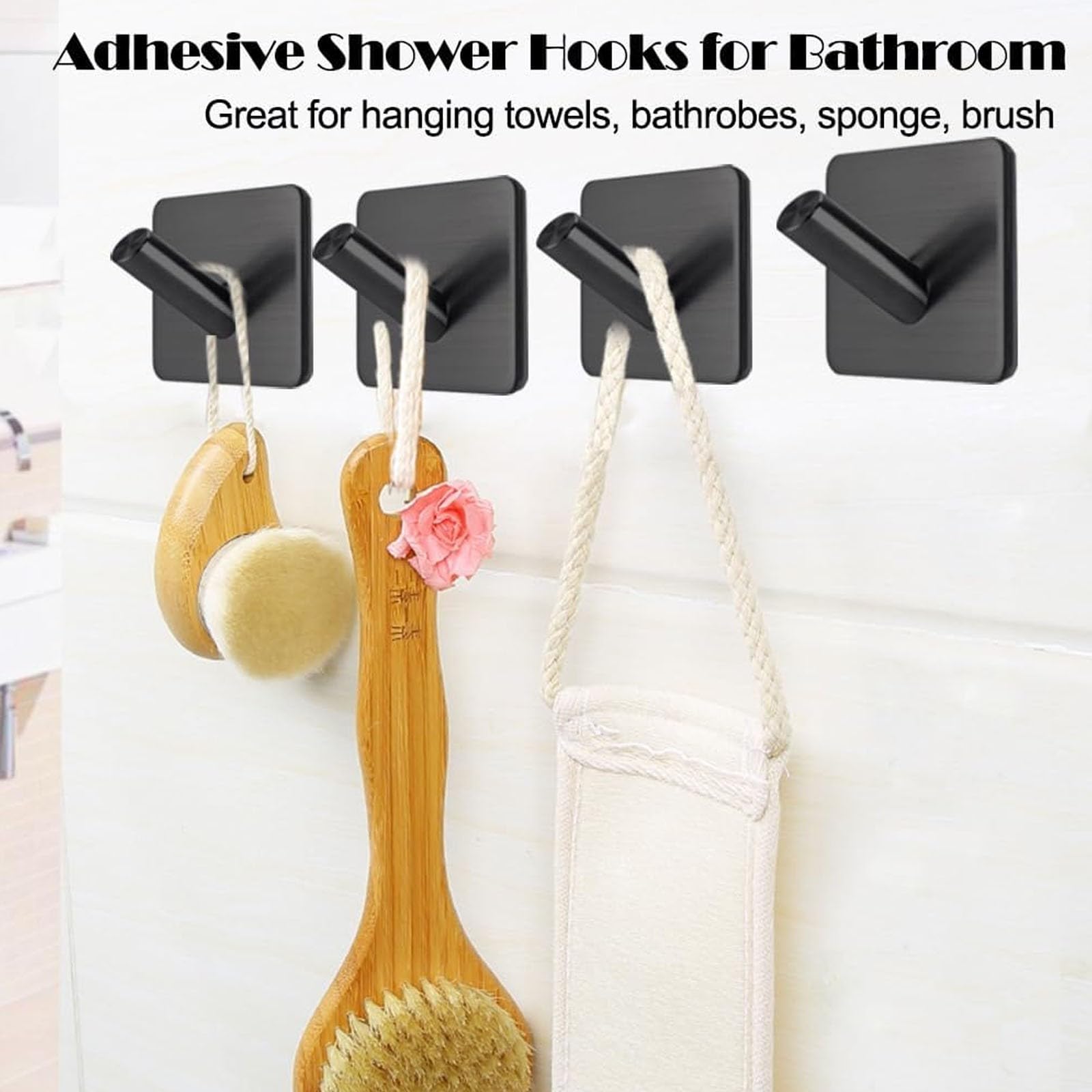 VESNIBA Towel Hooks Adhesive Bathroom Hooks Heavy Duty Towel Racks Holder Stick On Shower Hooks for Hanging Stainless Black Bathroom Kitchen Decorative Picture Hangers Rope (Black, One Size)