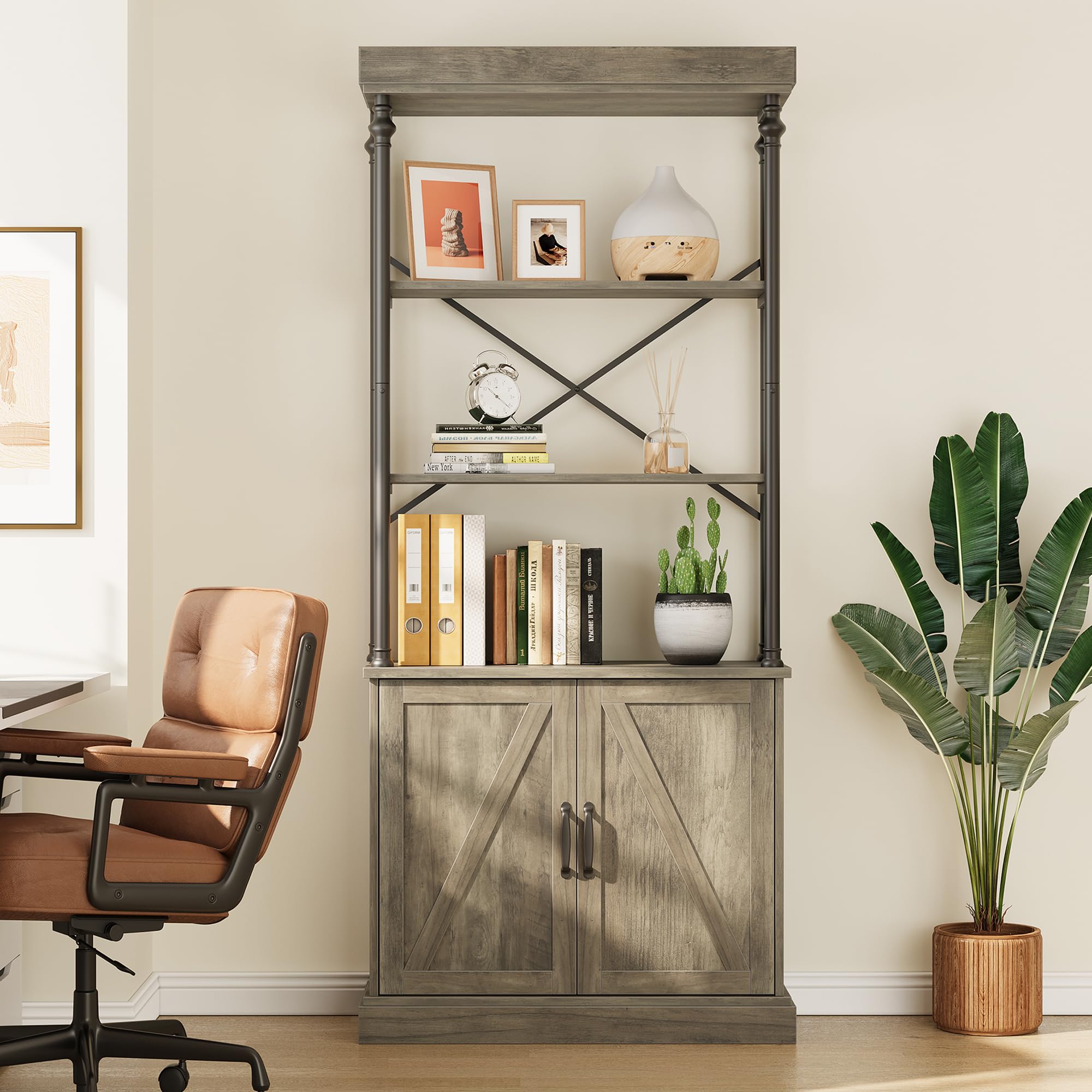 IDEALHOUSE Tall Bookshelf with Doors 73.62in Industrial Storage Open Rack Shelf with Cabinet Wood and Metal Bookcase Farmhouse Bookshelves Large Vintage Display Rack Home Office