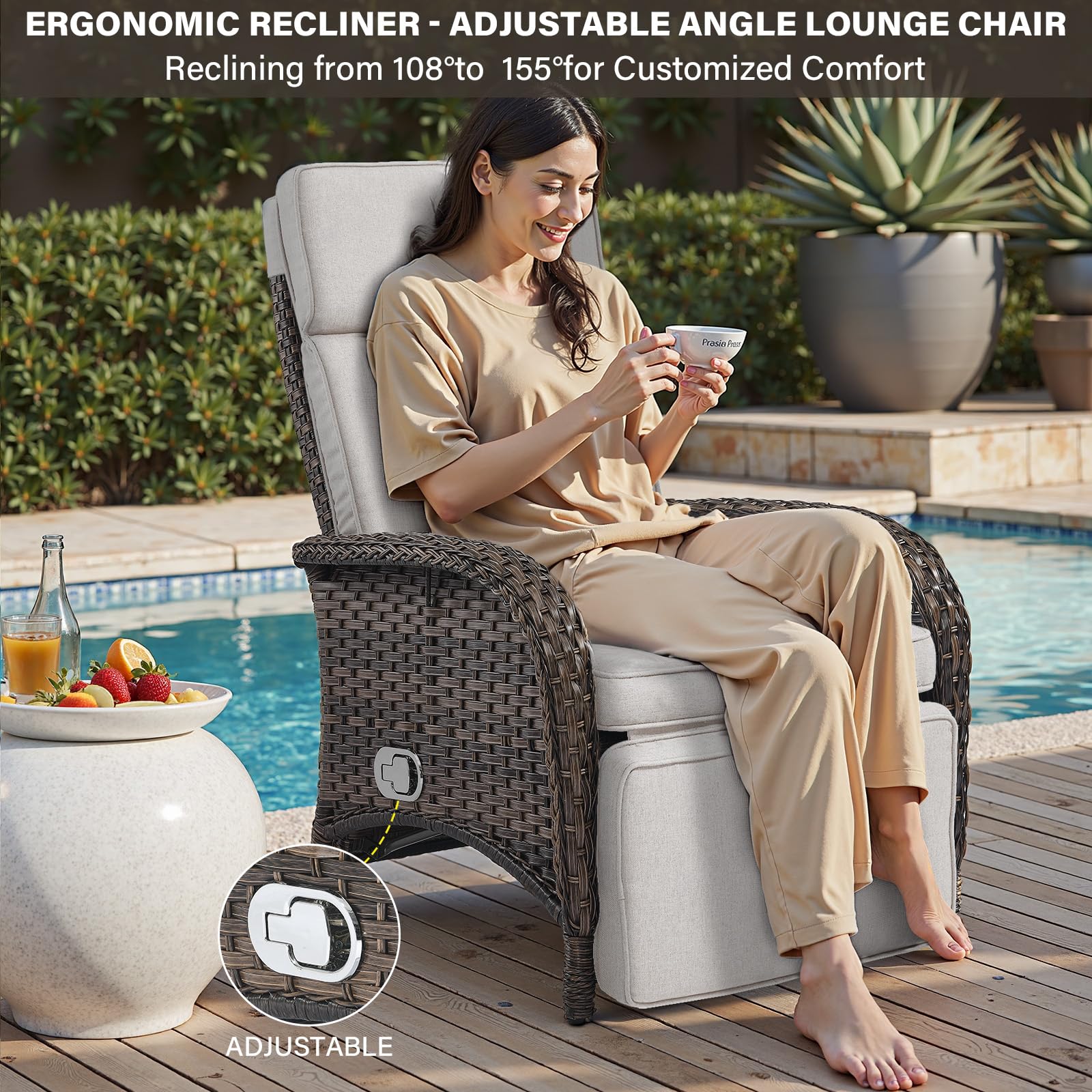 Belord Versatile Outdoor Recliner Chair - Reclining Patio Chair with Adjustable Backrest and Footrest, All-Weather Wicker Chaise Lounge Chair Outdoor for Pool Deck Brown