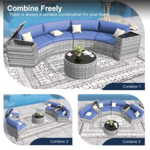 VONZOY Patio Sectional Furniture Outdoor 7-Piece Grey Rattan Curved Sofa Set with Storage Table,Pillows,Fit for Pool Backyard Balcony Porch Lawn(Navy)