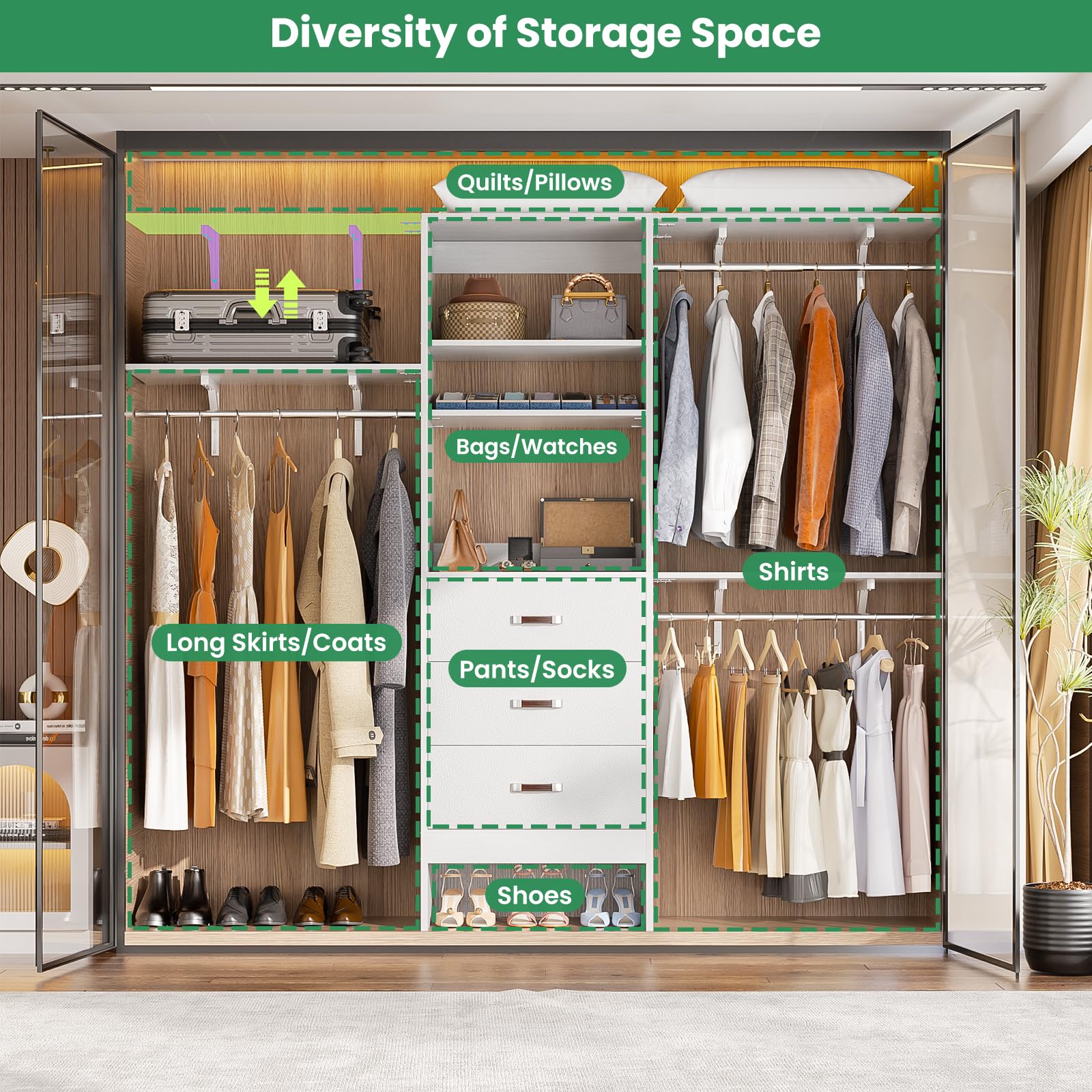 Girapow Closet System with 3 Wooden Drawers, 8 FT Closet Organizer System with Cutable Storage Shelves, Wall-mounted Closet System with 3 Adjustable Hanging Rods for Walk in Closet