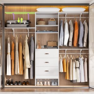 girapow closet system with 3 wooden drawers, 8 ft closet organizer system with cutable storage shelves, wall-mounted closet system with 3 adjustable hanging rods for walk in closet