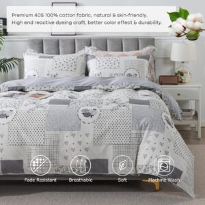 Lemfux 100% Cotton Floral Pattern Modern Theme Duvet Cover Set, Geometric Style Aesthetic White Soft Comforter Cover Set with Metal Zippers, Full Size, 3Pcs