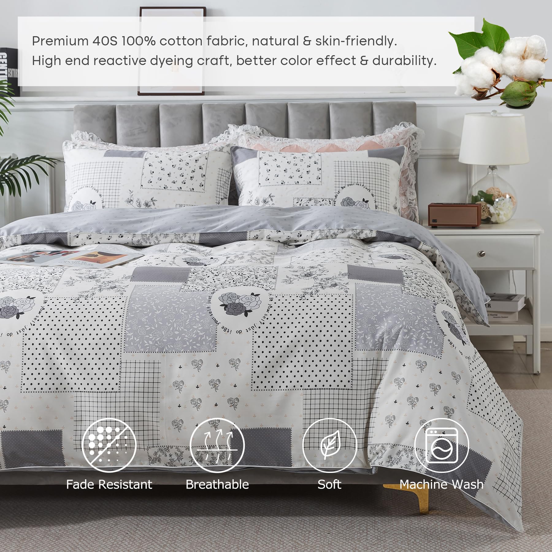 Lemfux 100% Cotton Floral Pattern Modern Theme Duvet Cover Set, Geometric Style Aesthetic White Soft Comforter Cover Set with Metal Zippers, Full Size, 3Pcs