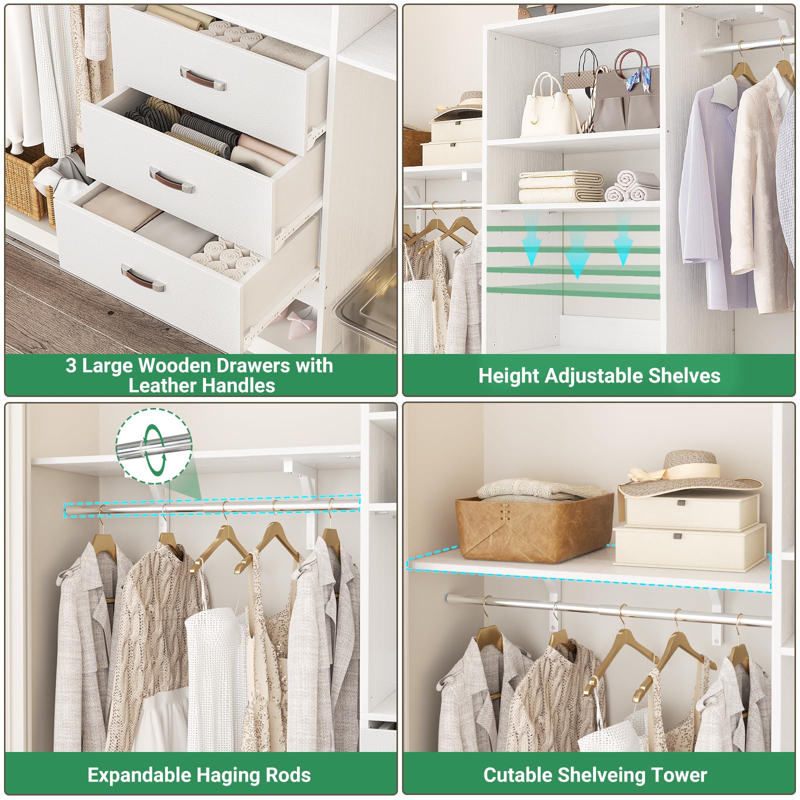 Girapow Closet System with 3 Wooden Drawers, 8 FT Closet Organizer System with Cutable Storage Shelves, Wall-mounted Closet System with 3 Adjustable Hanging Rods for Walk in Closet