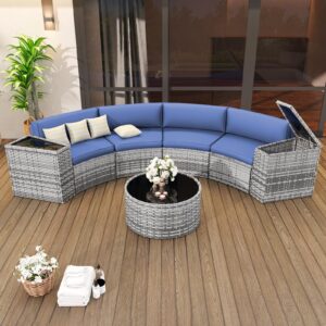 vonzoy patio sectional furniture outdoor 7-piece grey rattan curved sofa set with storage table,pillows,fit for pool backyard balcony porch lawn(navy)