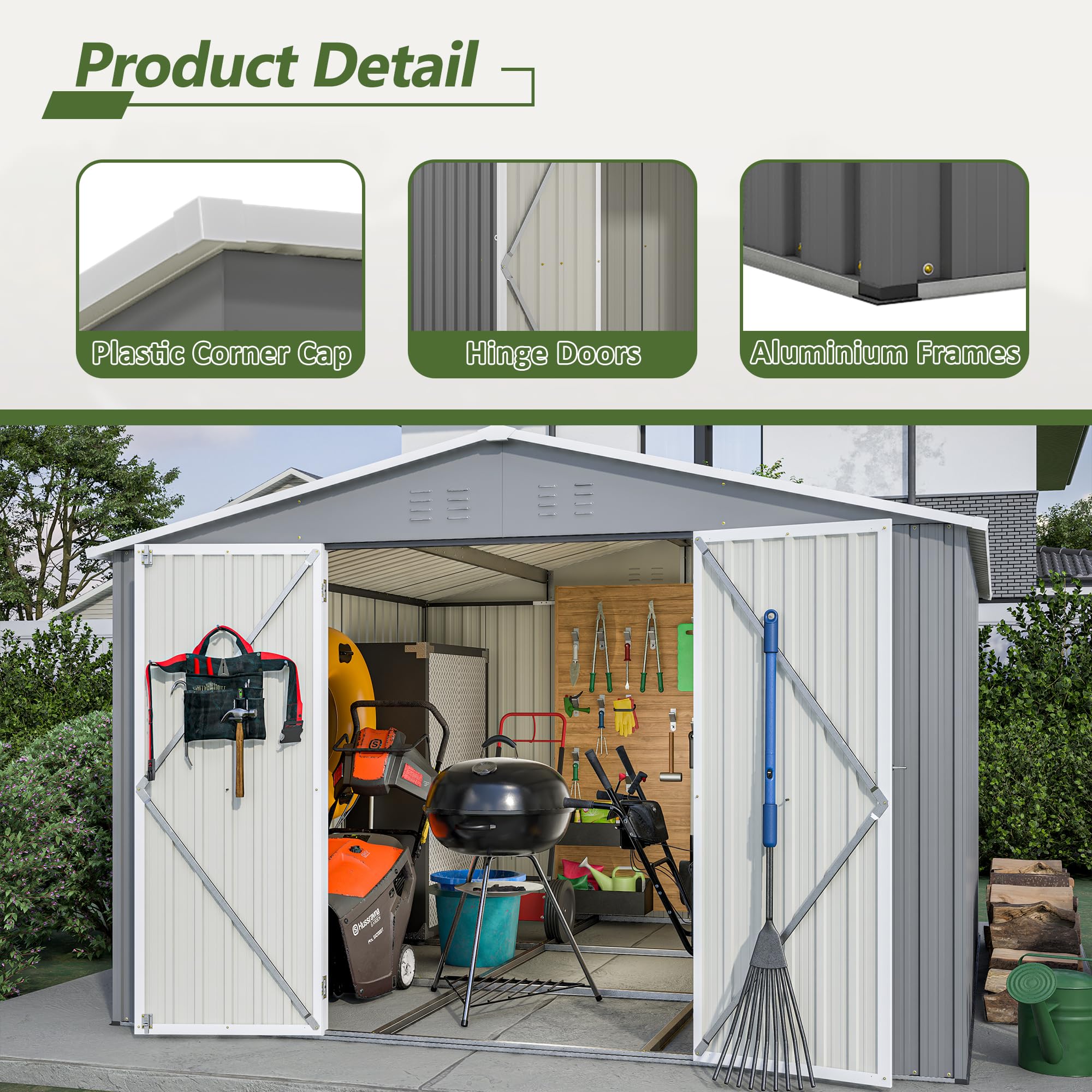 YOPTO 10×10 FT Outdoor Storage Shed,Metal Aluminum Waterproof Tool Sheds with Foundation,Doors & Vents,Heavy-Duty Sheds Unit W/Lock & Key,for Storing Bicycles,Lawnmowers,Barbeques,Gray