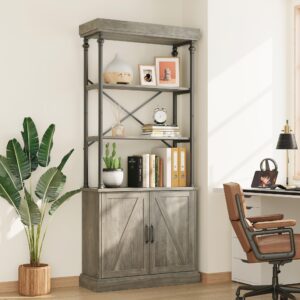 IDEALHOUSE Tall Bookshelf with Doors 73.62in Industrial Storage Open Rack Shelf with Cabinet Wood and Metal Bookcase Farmhouse Bookshelves Large Vintage Display Rack Home Office